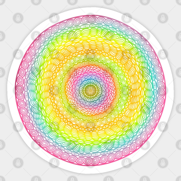 Neon Rainbow Mandala - Intricate Digital Illustration, Colorful Vibrant and Eye-catching Design, Perfect gift idea for printing on shirts, wall art, home decor, stationary, phone cases and more. Sticker by cherdoodles